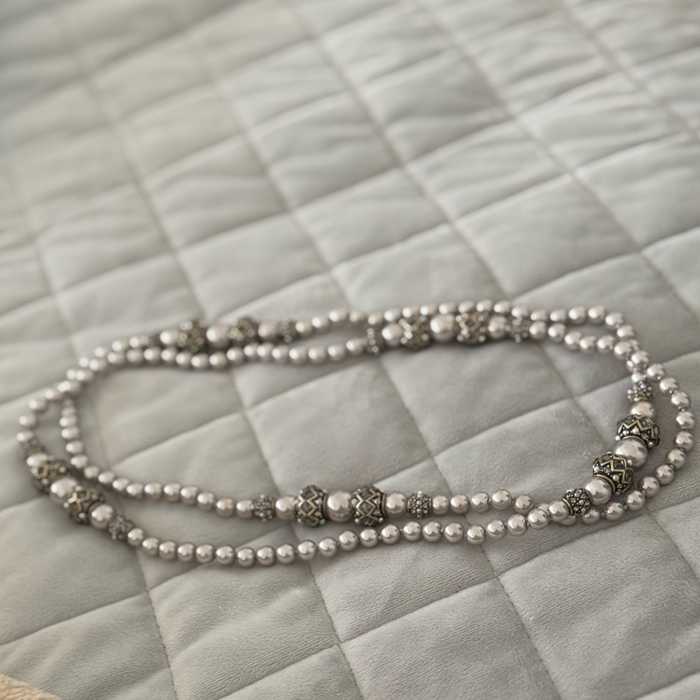 Pearl and Silver Bead Double Strand Necklace - White